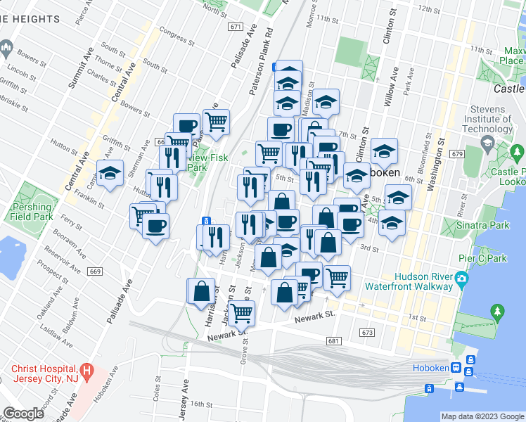 map of restaurants, bars, coffee shops, grocery stores, and more near 314 Monroe Street in Hoboken