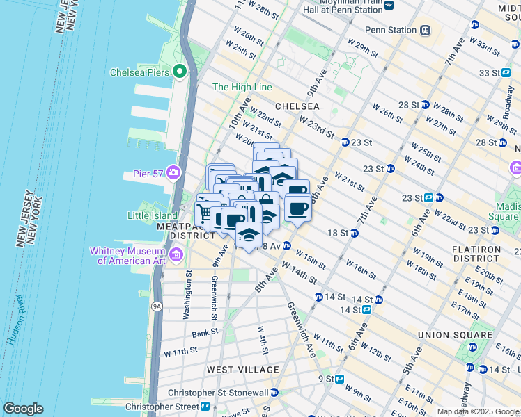 map of restaurants, bars, coffee shops, grocery stores, and more near 359 West 15th Street in New York