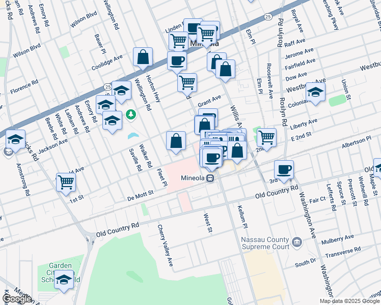 map of restaurants, bars, coffee shops, grocery stores, and more near 259 1st Street in Mineola