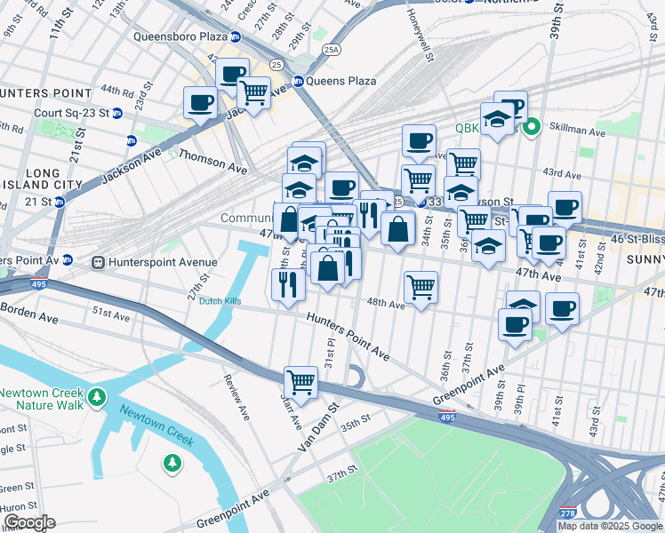 map of restaurants, bars, coffee shops, grocery stores, and more near 31-00 47th Avenue in Queens
