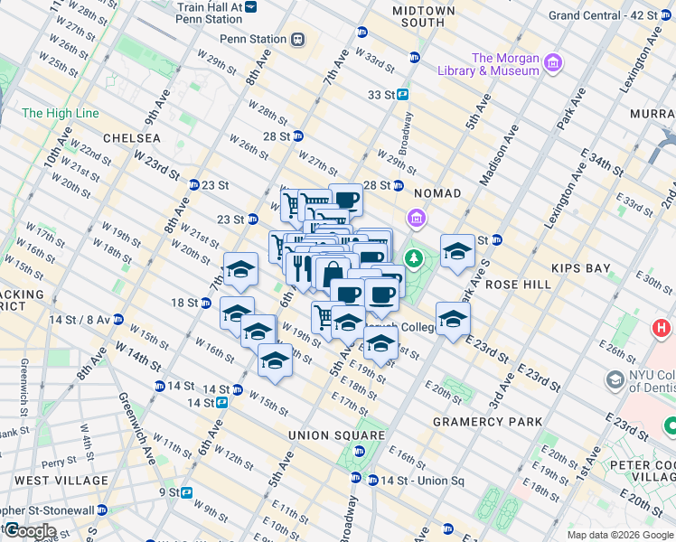 map of restaurants, bars, coffee shops, grocery stores, and more near 25 West 21st Street in New York