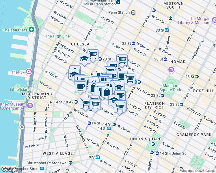 map of restaurants, bars, coffee shops, grocery stores, and more near in New York