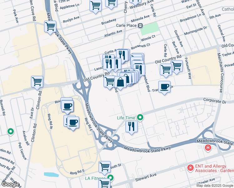map of restaurants, bars, coffee shops, grocery stores, and more near 848 East Gate Boulevard in Garden City