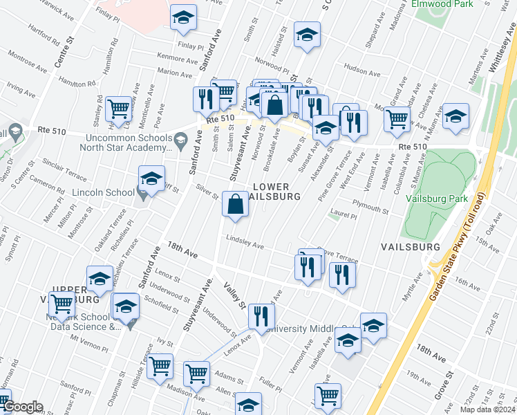 map of restaurants, bars, coffee shops, grocery stores, and more near 118 Brookdale Avenue in Newark