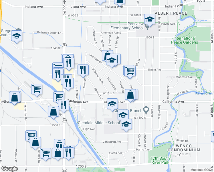map of restaurants, bars, coffee shops, grocery stores, and more near 1233 Redwood Drive in Salt Lake City