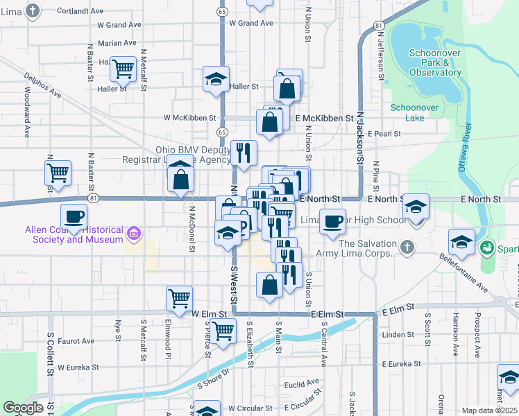 map of restaurants, bars, coffee shops, grocery stores, and more near 136 West High Street in Lima