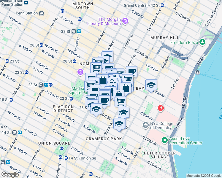 map of restaurants, bars, coffee shops, grocery stores, and more near 126 East 27th Street in New York