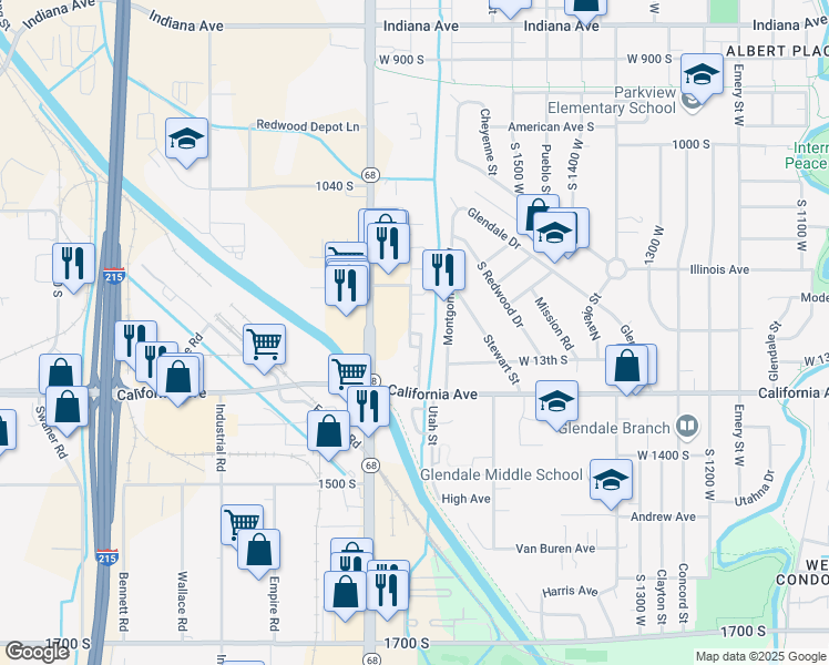map of restaurants, bars, coffee shops, grocery stores, and more near 825 Utah Street in Salt Lake City