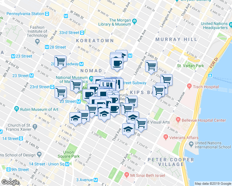 map of restaurants, bars, coffee shops, grocery stores, and more near 114 East 27th Street in New York