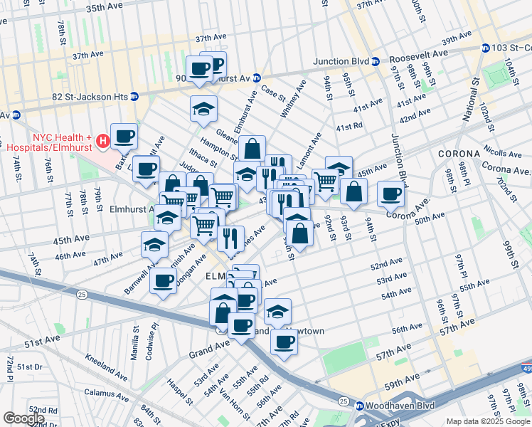 map of restaurants, bars, coffee shops, grocery stores, and more near 45th Avenue in Queens
