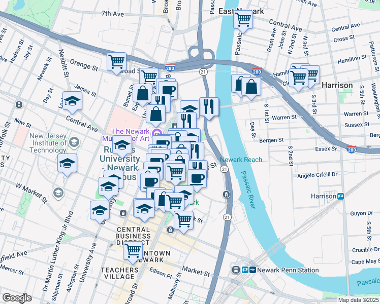 map of restaurants, bars, coffee shops, grocery stores, and more near 20 Lombardy Street in Newark