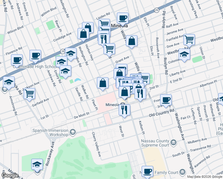 map of restaurants, bars, coffee shops, grocery stores, and more near 232 Harrison Avenue in Mineola