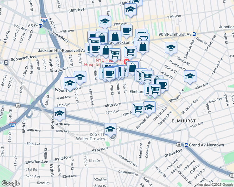 map of restaurants, bars, coffee shops, grocery stores, and more near 42-46 78th Street in Queens