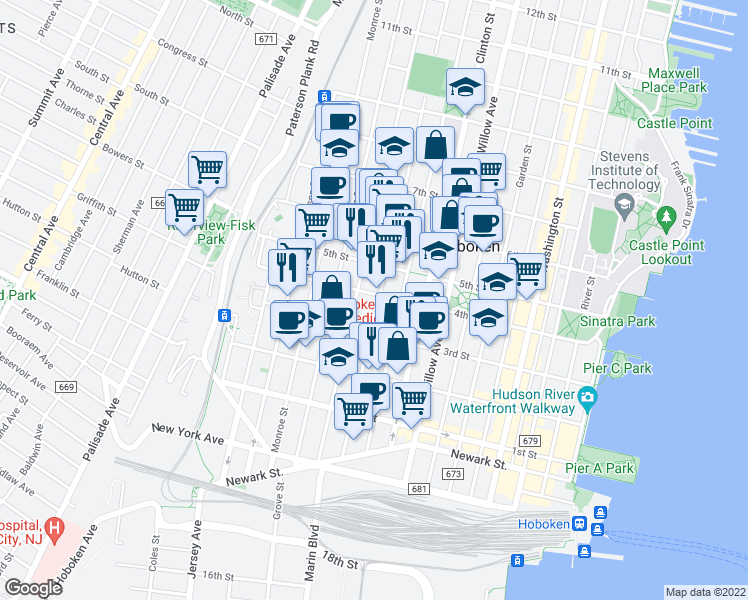 map of restaurants, bars, coffee shops, grocery stores, and more near 410 Jefferson Street in Hoboken
