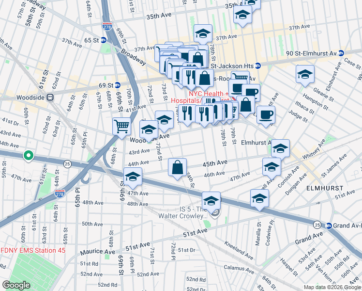 map of restaurants, bars, coffee shops, grocery stores, and more near 74-02 43rd Avenue in Queens