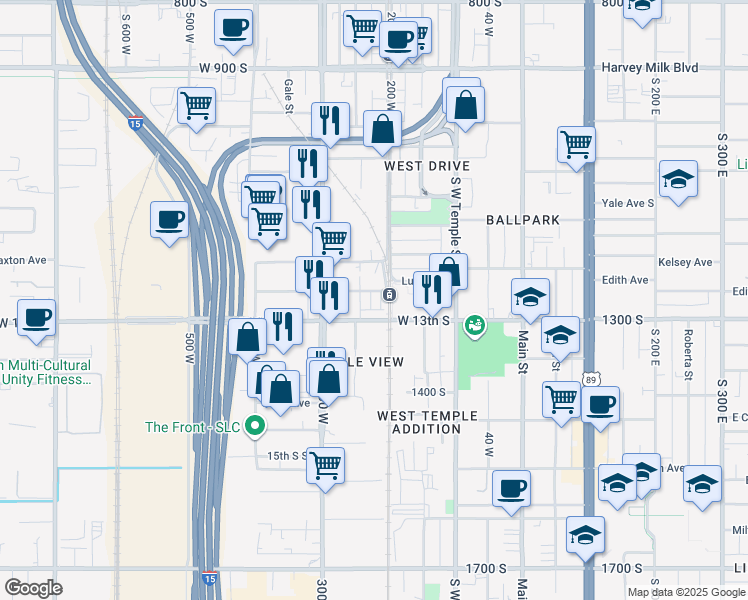 map of restaurants, bars, coffee shops, grocery stores, and more near 230 West 1300 South Street in Salt Lake City