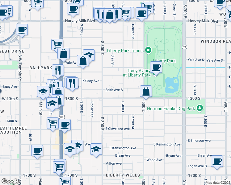 map of restaurants, bars, coffee shops, grocery stores, and more near 361 Edith Avenue South in Salt Lake City