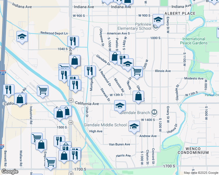 map of restaurants, bars, coffee shops, grocery stores, and more near 1220 South Redwood Drive in Salt Lake City