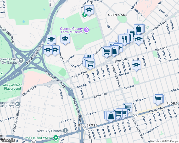 map of restaurants, bars, coffee shops, grocery stores, and more near 247-50 77th Crescent in Queens