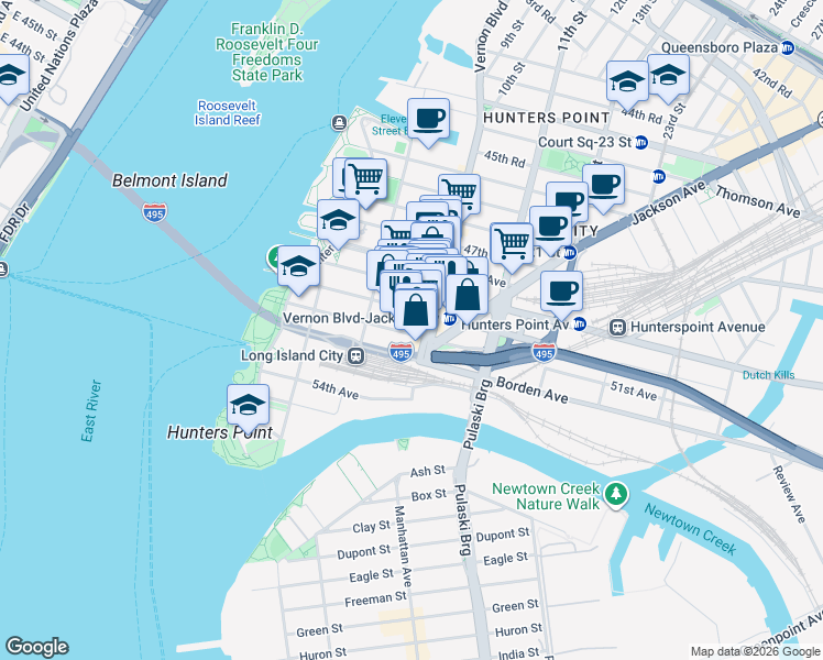map of restaurants, bars, coffee shops, grocery stores, and more near 547 50th Avenue in Queens