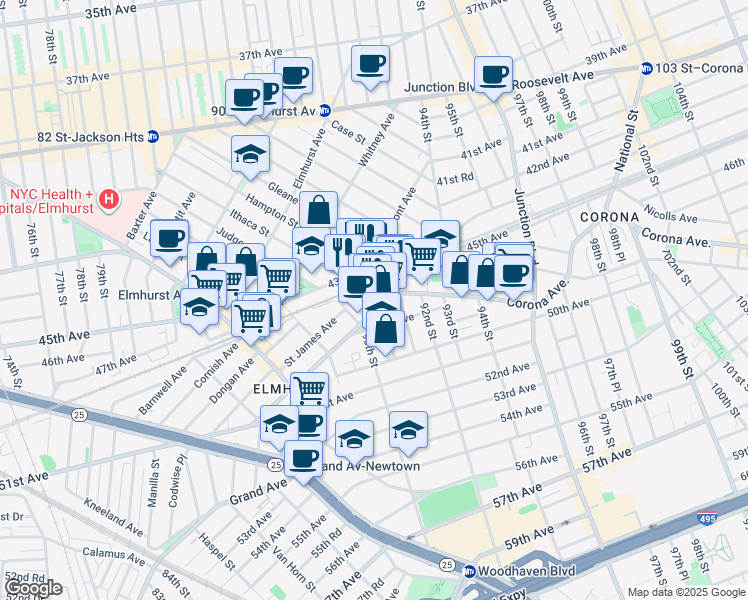 map of restaurants, bars, coffee shops, grocery stores, and more near 90-18 43rd Avenue in Queens