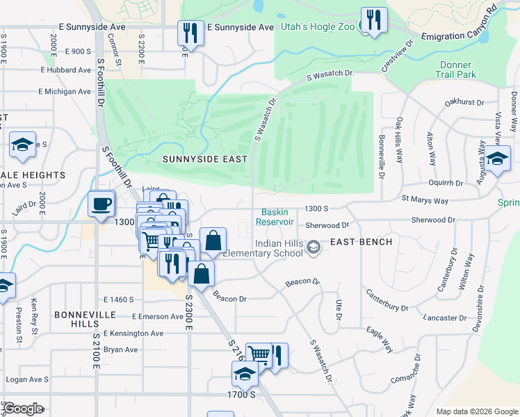map of restaurants, bars, coffee shops, grocery stores, and more near 2463 East 1300 South in Salt Lake City
