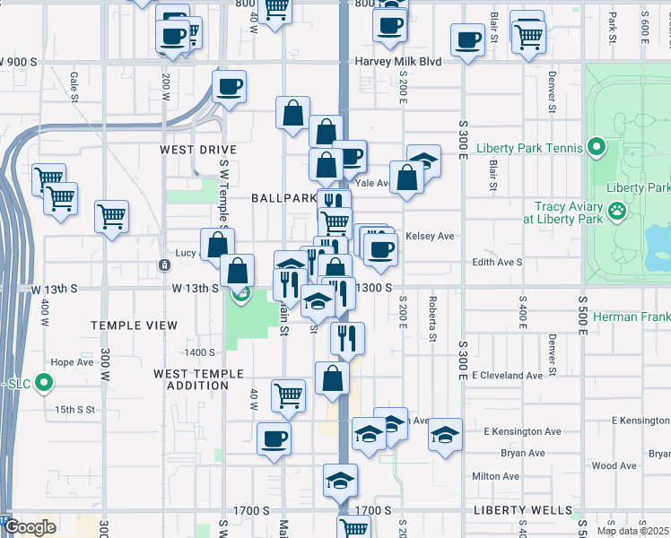 map of restaurants, bars, coffee shops, grocery stores, and more near 1185 South State Street in Salt Lake City