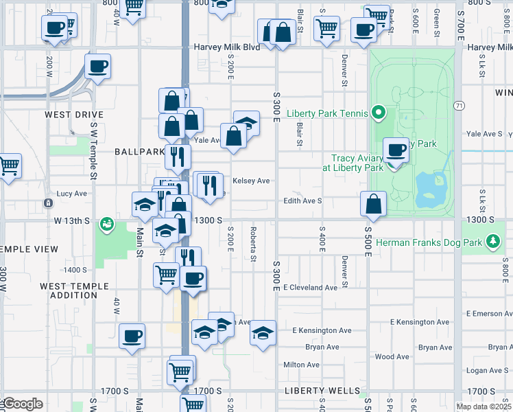 map of restaurants, bars, coffee shops, grocery stores, and more near 263 Edith Avenue South in Salt Lake City
