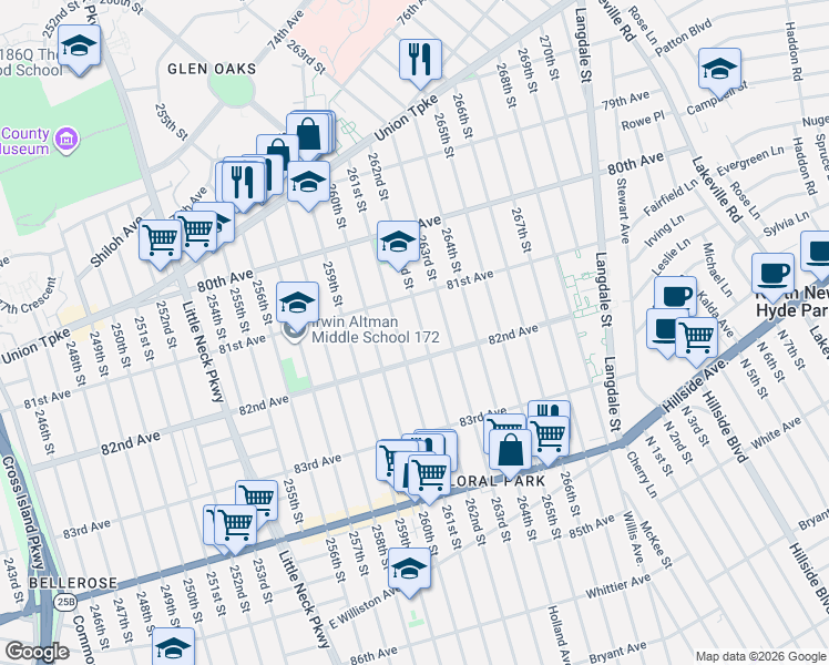 map of restaurants, bars, coffee shops, grocery stores, and more near 81-14 262nd Street in Queens