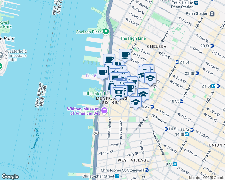map of restaurants, bars, coffee shops, grocery stores, and more near 88 10th Avenue in New York