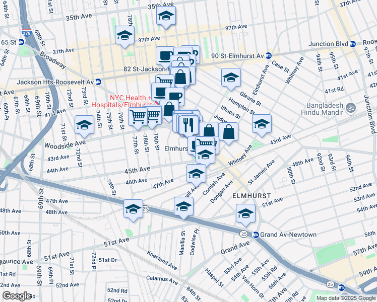 map of restaurants, bars, coffee shops, grocery stores, and more near 81-02 Broadway in Queens