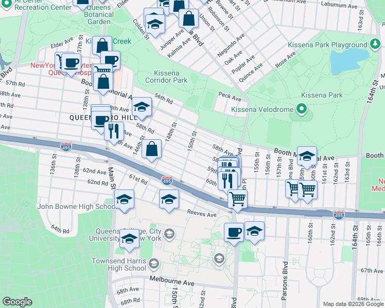 map of restaurants, bars, coffee shops, grocery stores, and more near 58-05 150th Street in Queens