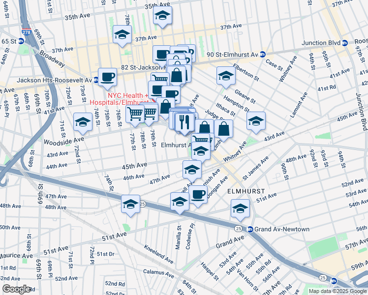 map of restaurants, bars, coffee shops, grocery stores, and more near in Queens