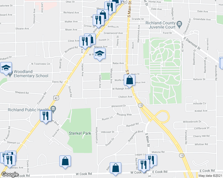 map of restaurants, bars, coffee shops, grocery stores, and more near 64 West Raleigh Avenue in Mansfield