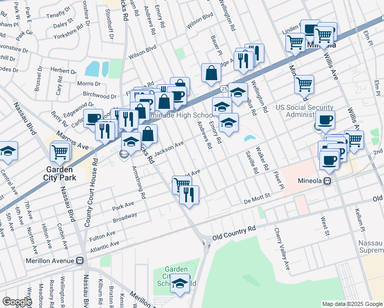 map of restaurants, bars, coffee shops, grocery stores, and more near 196 White Road in Mineola