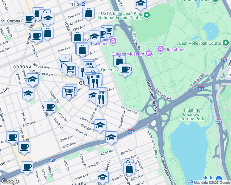 map of restaurants, bars, coffee shops, grocery stores, and more near 109-63 54th Avenue in Queens