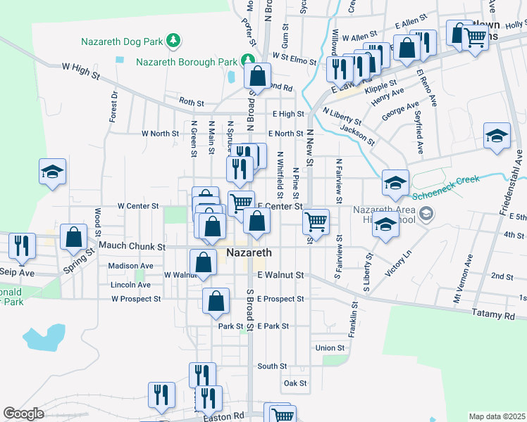 map of restaurants, bars, coffee shops, grocery stores, and more near 114 East Center Street in Nazareth