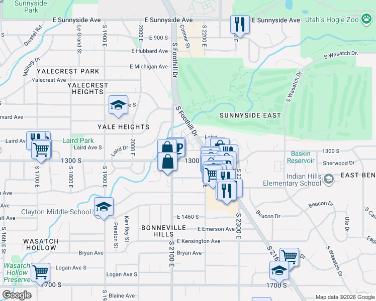 map of restaurants, bars, coffee shops, grocery stores, and more near 1168 Foothill Drive in Salt Lake City