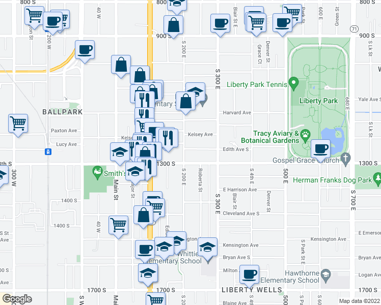 map of restaurants, bars, coffee shops, grocery stores, and more near 1197 South 200 East in Salt Lake City