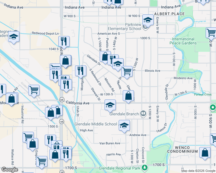 map of restaurants, bars, coffee shops, grocery stores, and more near 1207 Mission Road in Salt Lake City