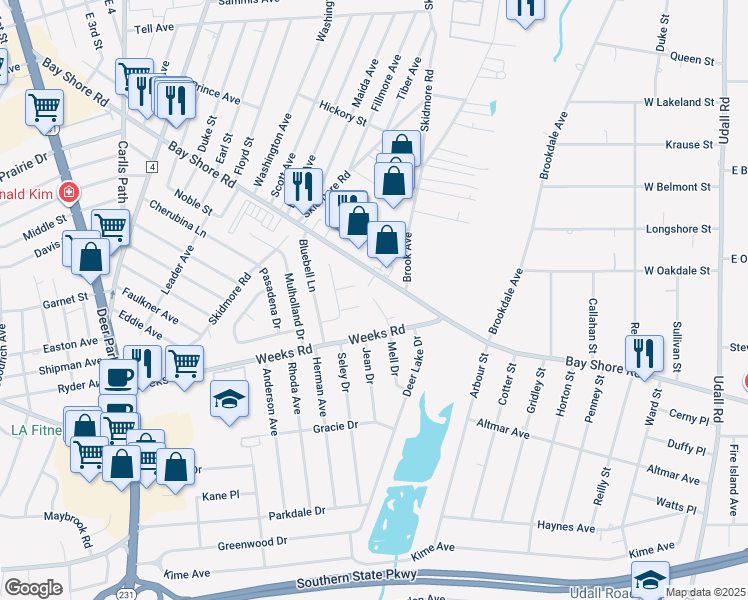 map of restaurants, bars, coffee shops, grocery stores, and more near 351 Bay Shore Road in Deer Park