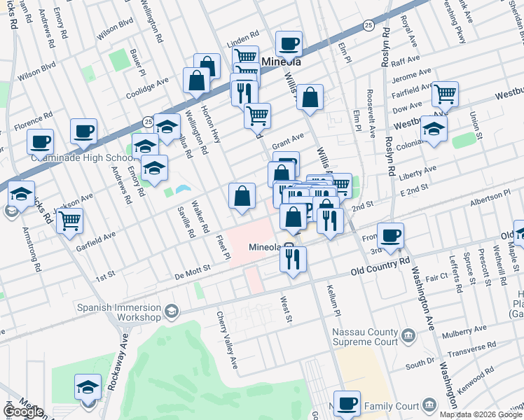 map of restaurants, bars, coffee shops, grocery stores, and more near 232 Harrison Avenue in Mineola