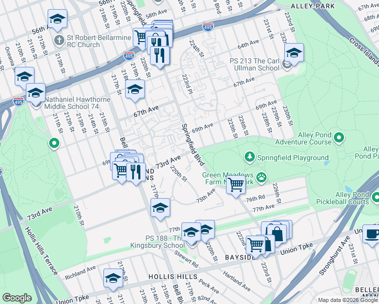 map of restaurants, bars, coffee shops, grocery stores, and more near 69-19 Springfield Boulevard in Queens