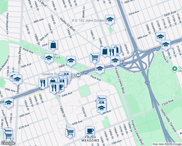 map of restaurants, bars, coffee shops, grocery stores, and more near 58-46 196th Place in Queens