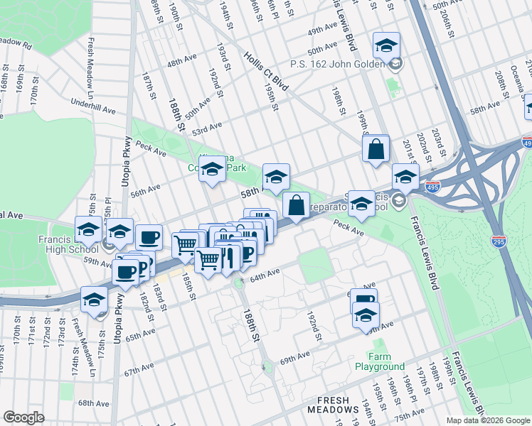 map of restaurants, bars, coffee shops, grocery stores, and more near 58-30 193rd Street in Queens