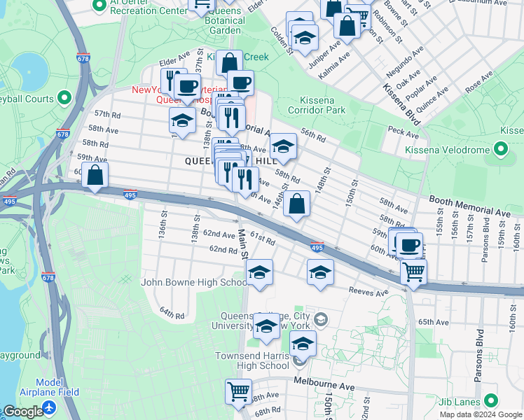 map of restaurants, bars, coffee shops, grocery stores, and more near 142-25 60th Avenue in Queens