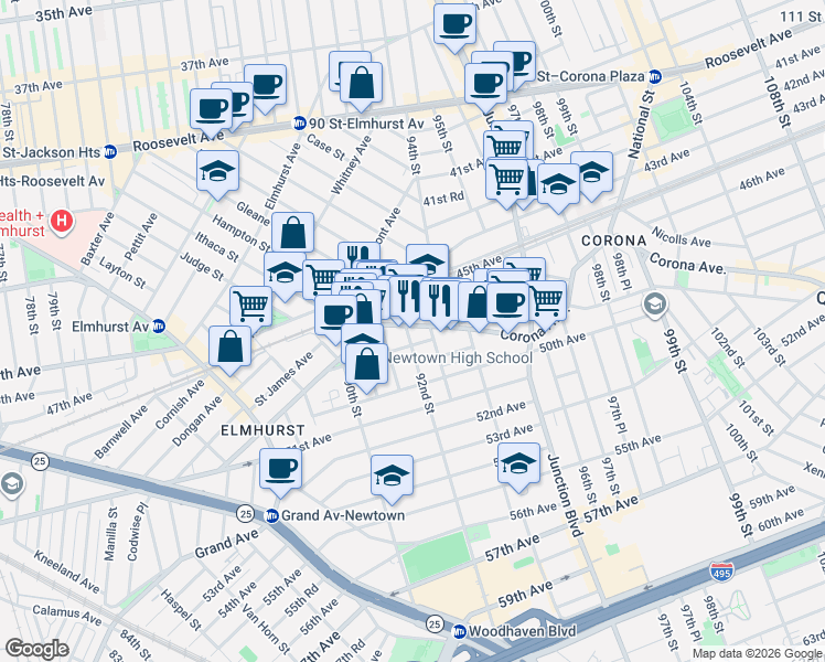 map of restaurants, bars, coffee shops, grocery stores, and more near 92-09 Corona Avenue in Queens