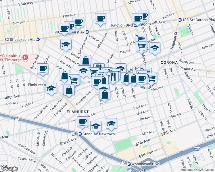 map of restaurants, bars, coffee shops, grocery stores, and more near 43-33 91st Place in Queens