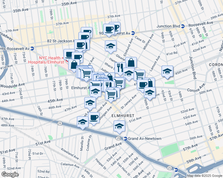 map of restaurants, bars, coffee shops, grocery stores, and more near 44-05 Ketcham Street in Queens