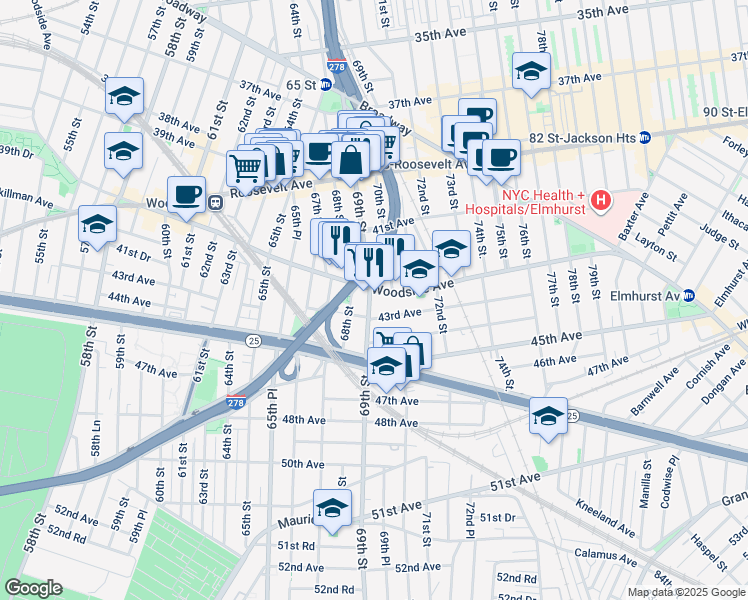 map of restaurants, bars, coffee shops, grocery stores, and more near in Queens